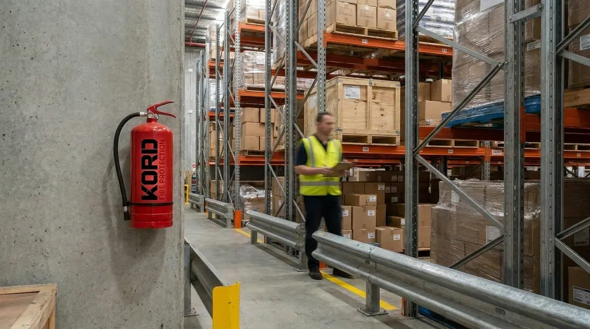 Accessible fire extinguisher mounted near a facility route