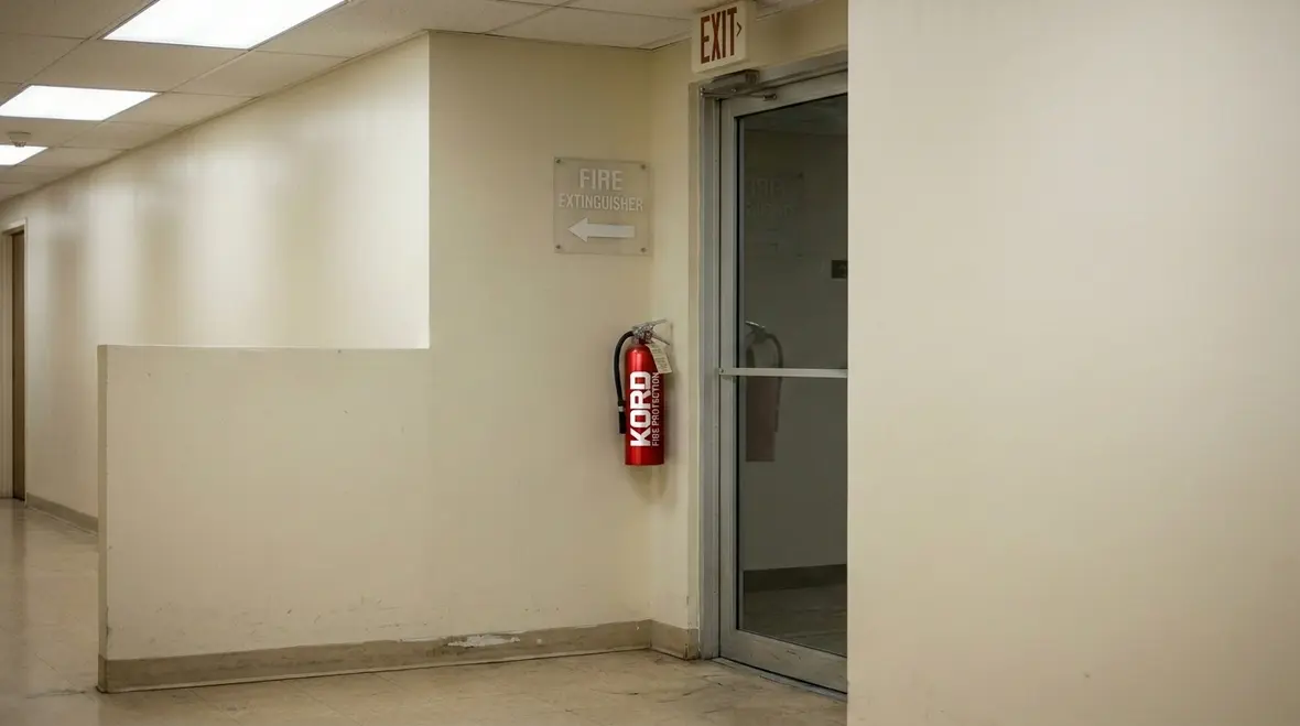 Commercial fire extinguisher placement along a facility wall