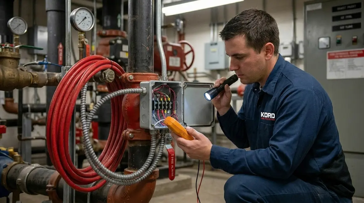 Fire sprinkler flow switch replacement inspection in riser room