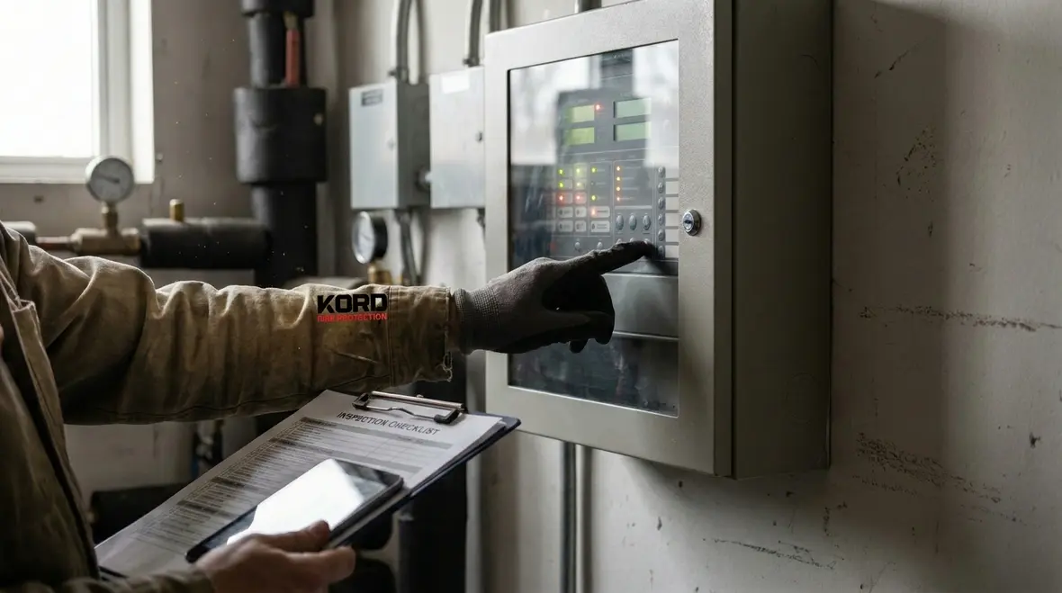 Technician testing fire sprinkler flow switch wiring and alarm response
