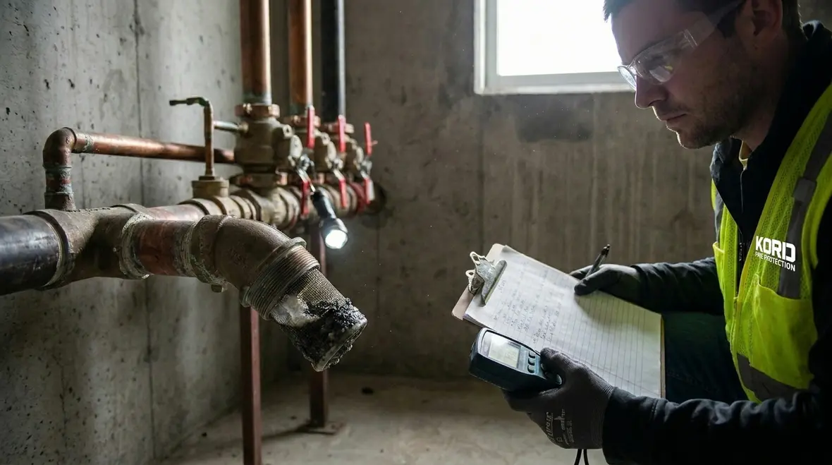 Technician inspecting sprinkler pipe corrosion and water quality damage