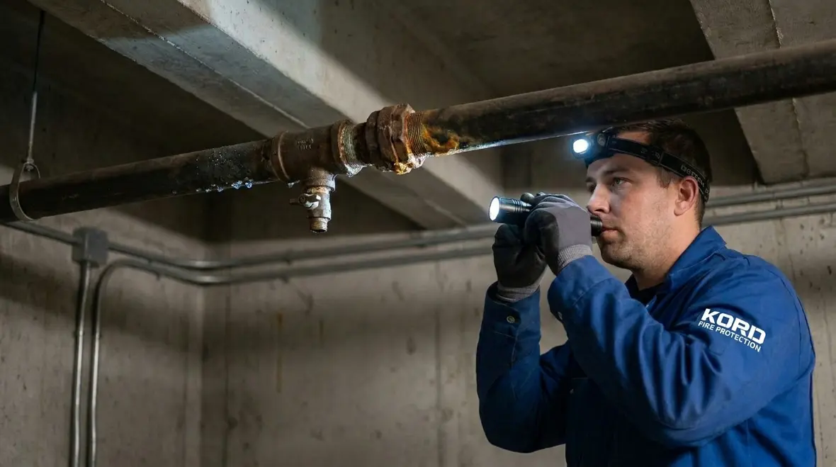 Corroded fire sprinkler pipe and fittings showing scale and pitting