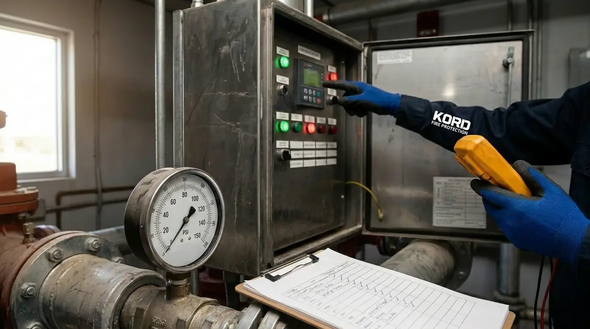 Fire sprinkler pump controller inside commercial fire pump room