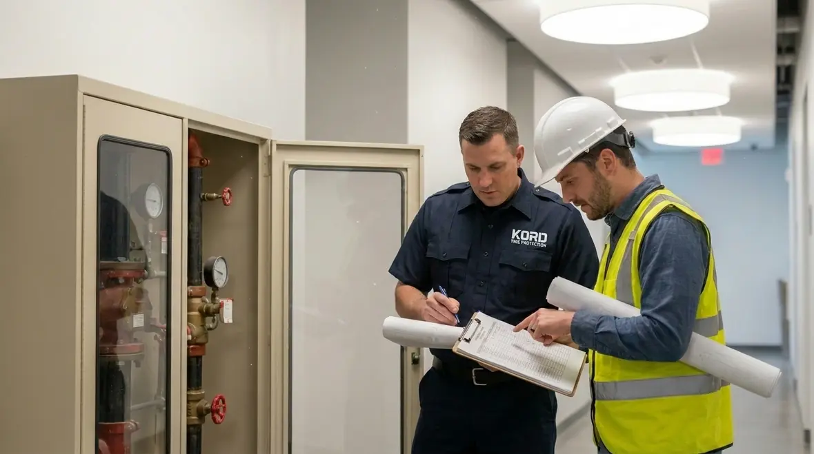 Technician reviewing fire suppression AHJ requirements in the field