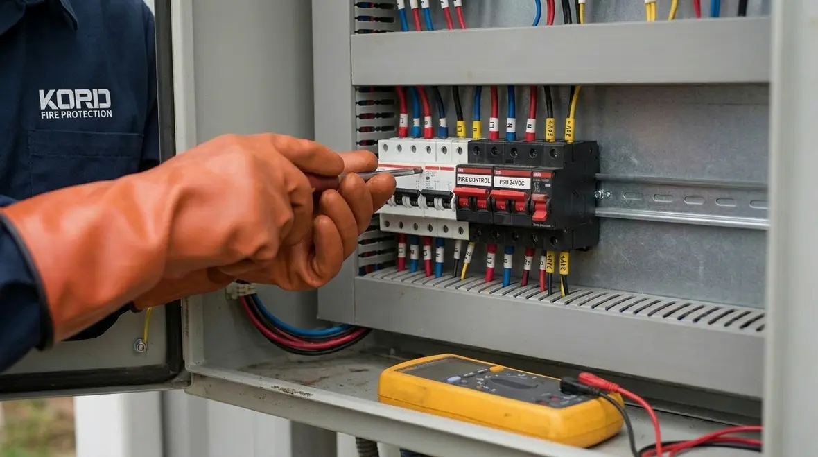 Technician reviewing suppression power source and electrical load profile