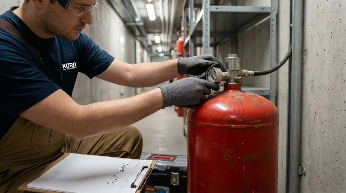 Technician performing fire suppression cylinder inspection weigh and pressure checks