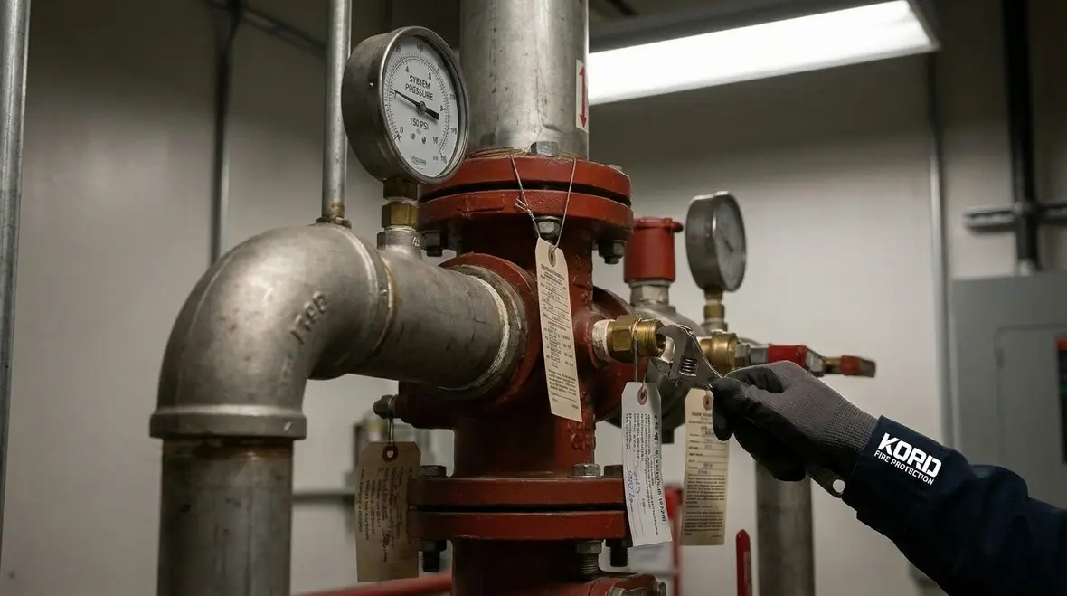 Technician reviewing suppression system logs and impairment indicators
