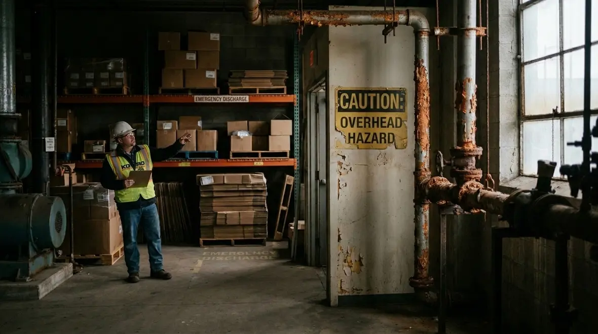 Facility owner reviewing pressure gauges and suppression system condition