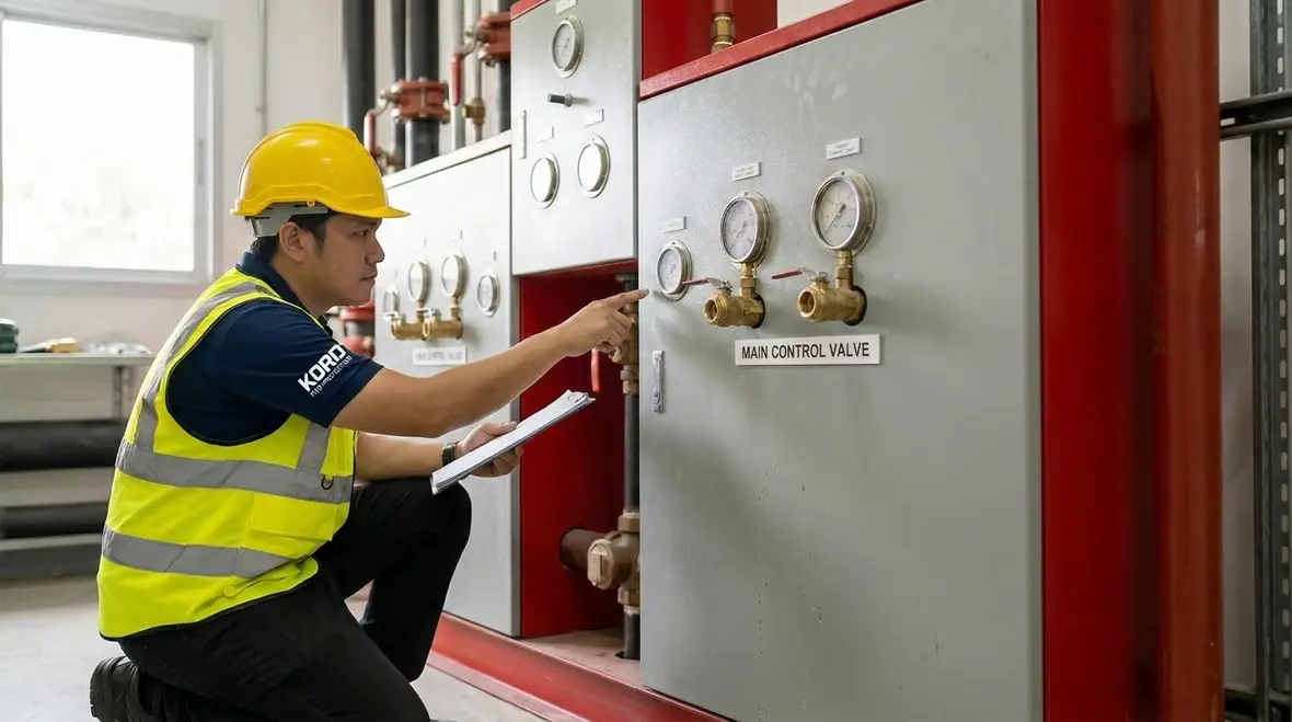 Inspection view of fire suppression system components showing readiness concerns