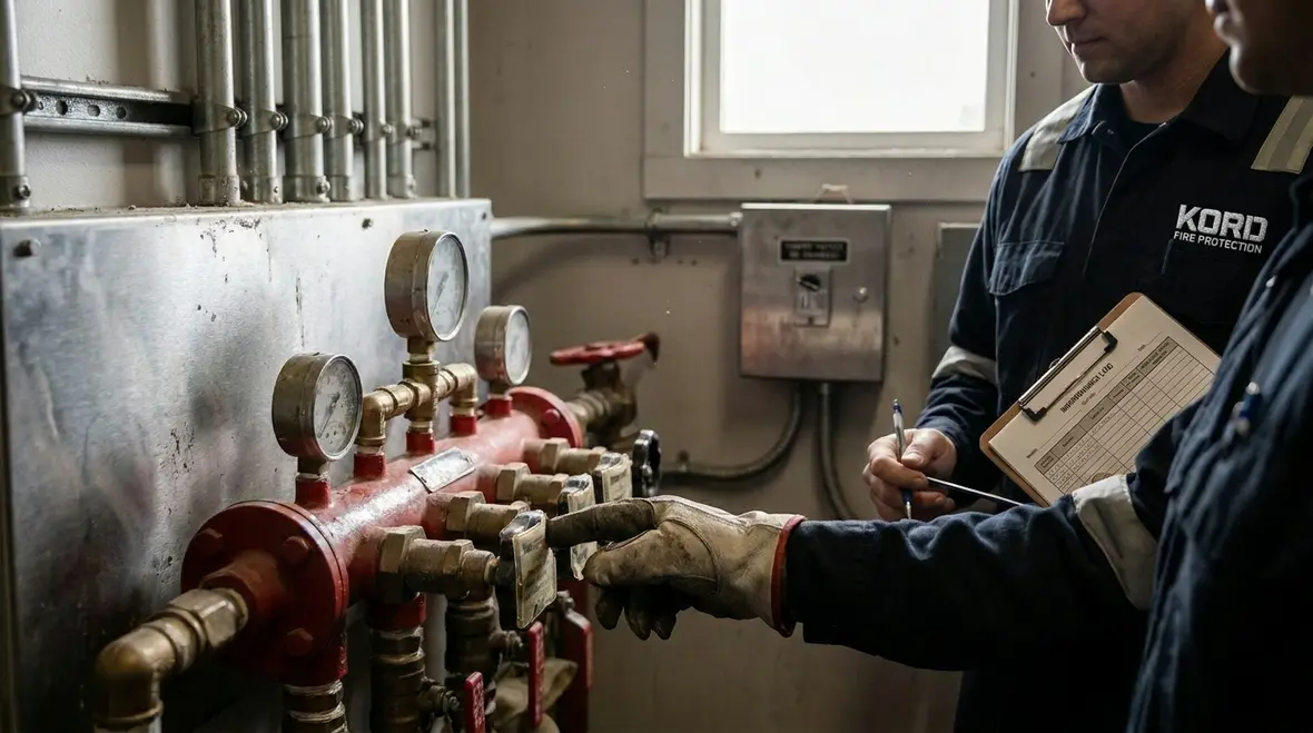 Fire protection technician checking suppression controls and valves