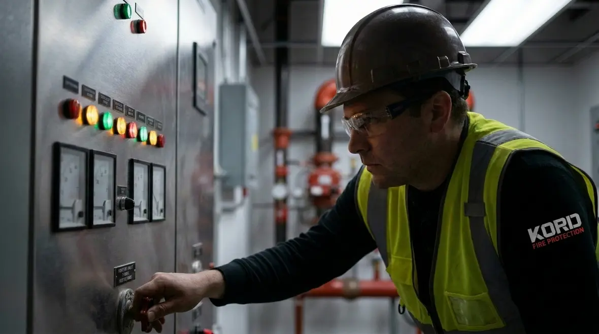 Technician reviewing fire suppression impairment conditions