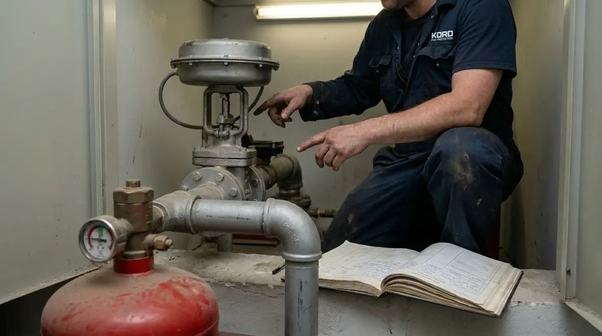 Fire suppression control components and valves being inspected for impairment issues