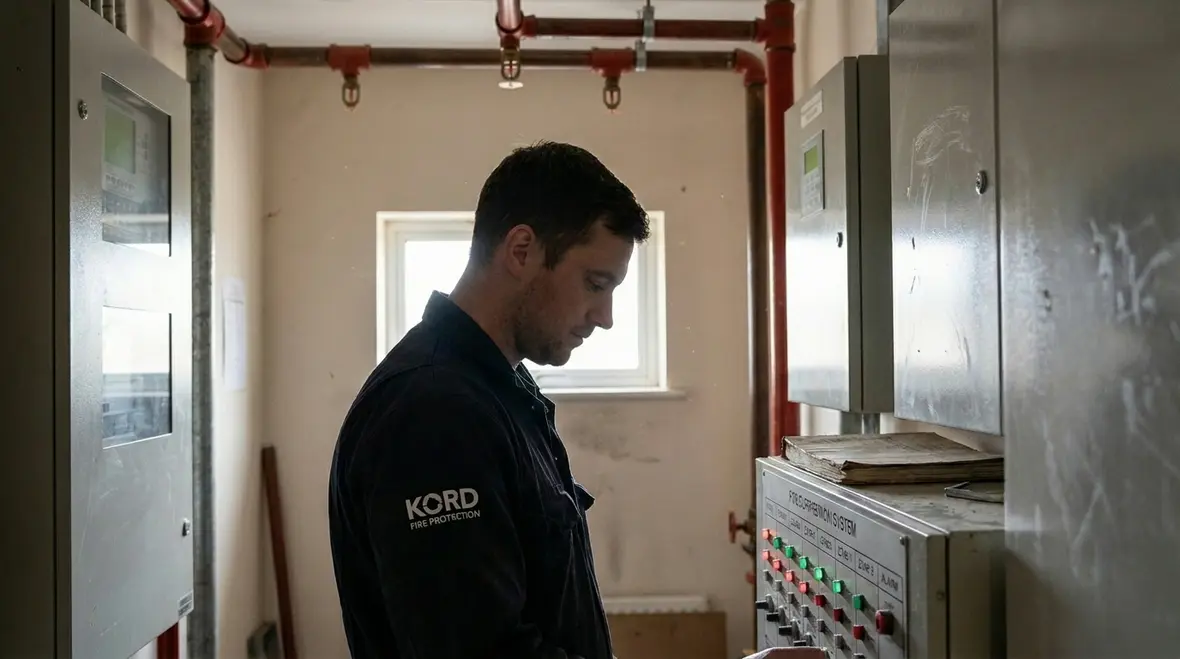 Technician inspecting fire suppression system components for impairment
