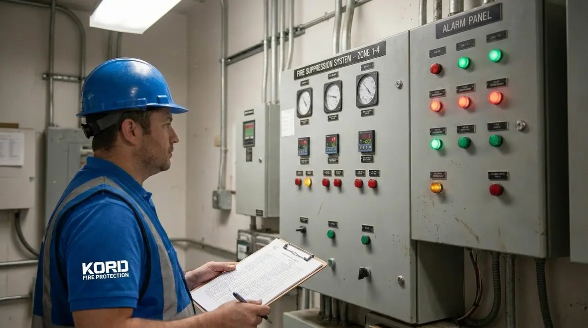 Technician reviewing fire suppression impairment conditions during inspection