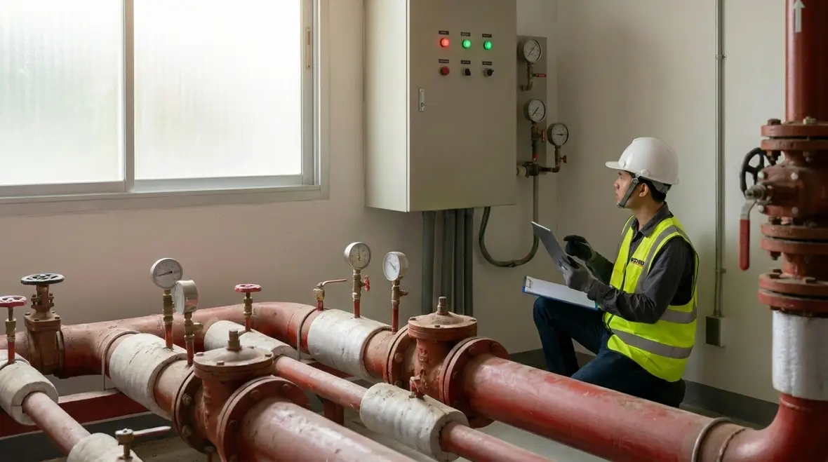 Technician reviewing fire suppression impairment conditions