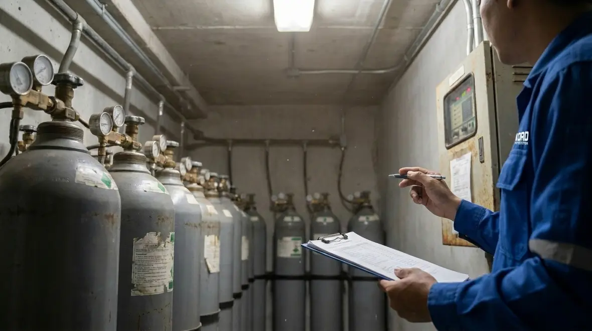 Fire suppression piping and controls showing maintenance concerns