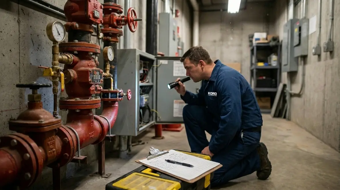 Technician reviewing fire suppression impairment conditions in a commercial building