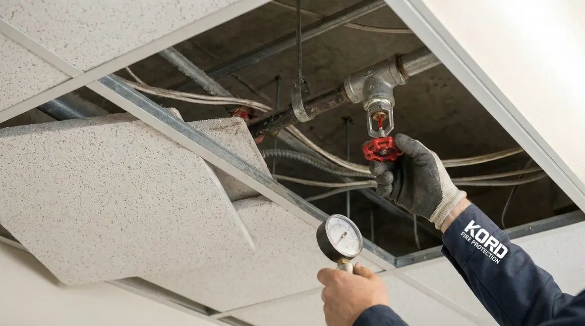 Commercial fire suppression piping and valves inspected for impairment risks