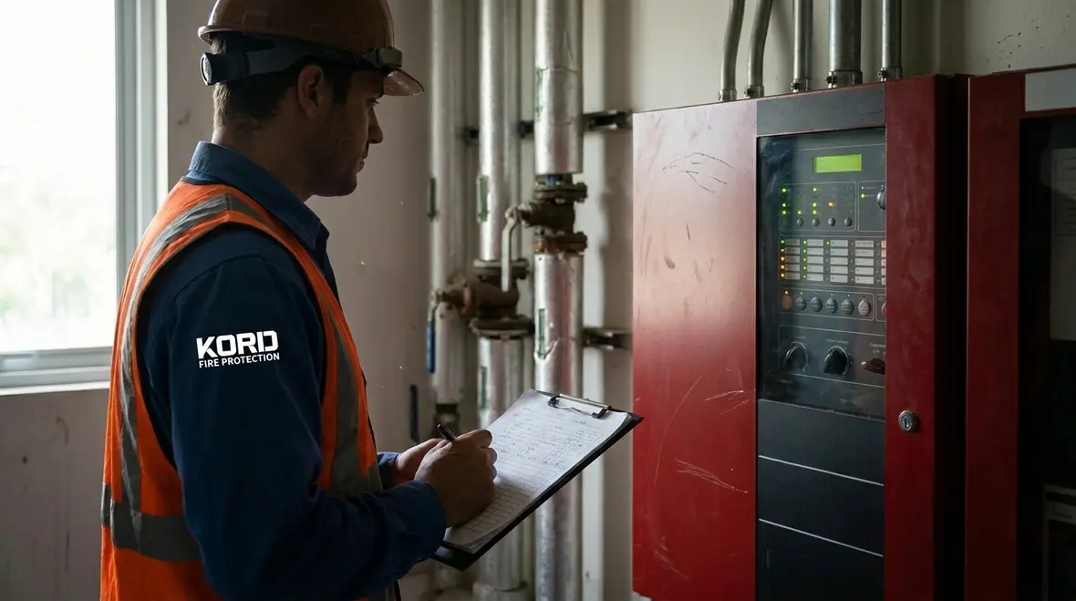 Technician checking fire suppression impairment warning signs