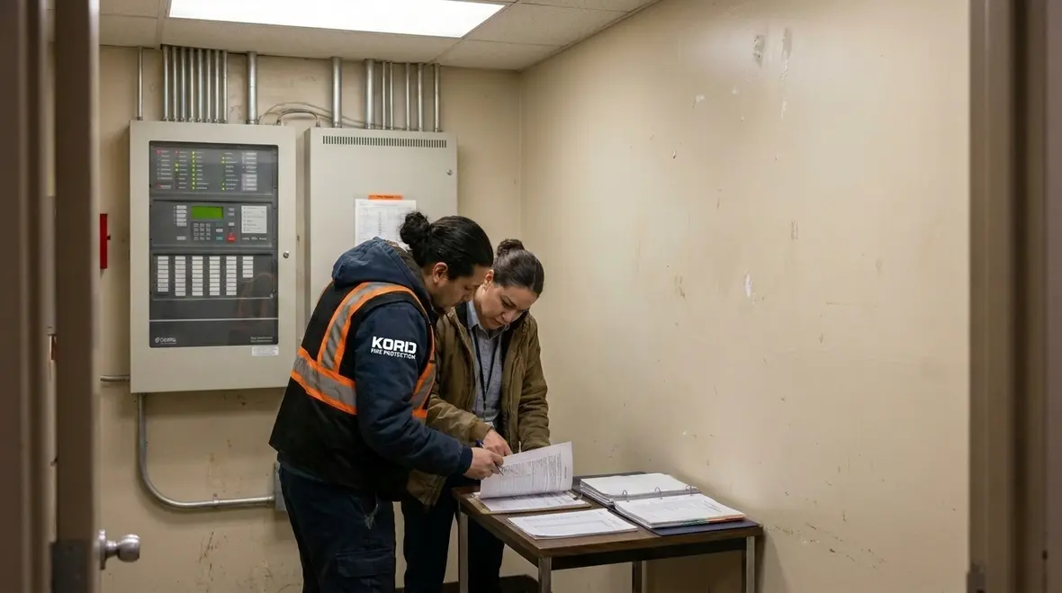 Technician reviewing fire suppression documentation and impairment signs
