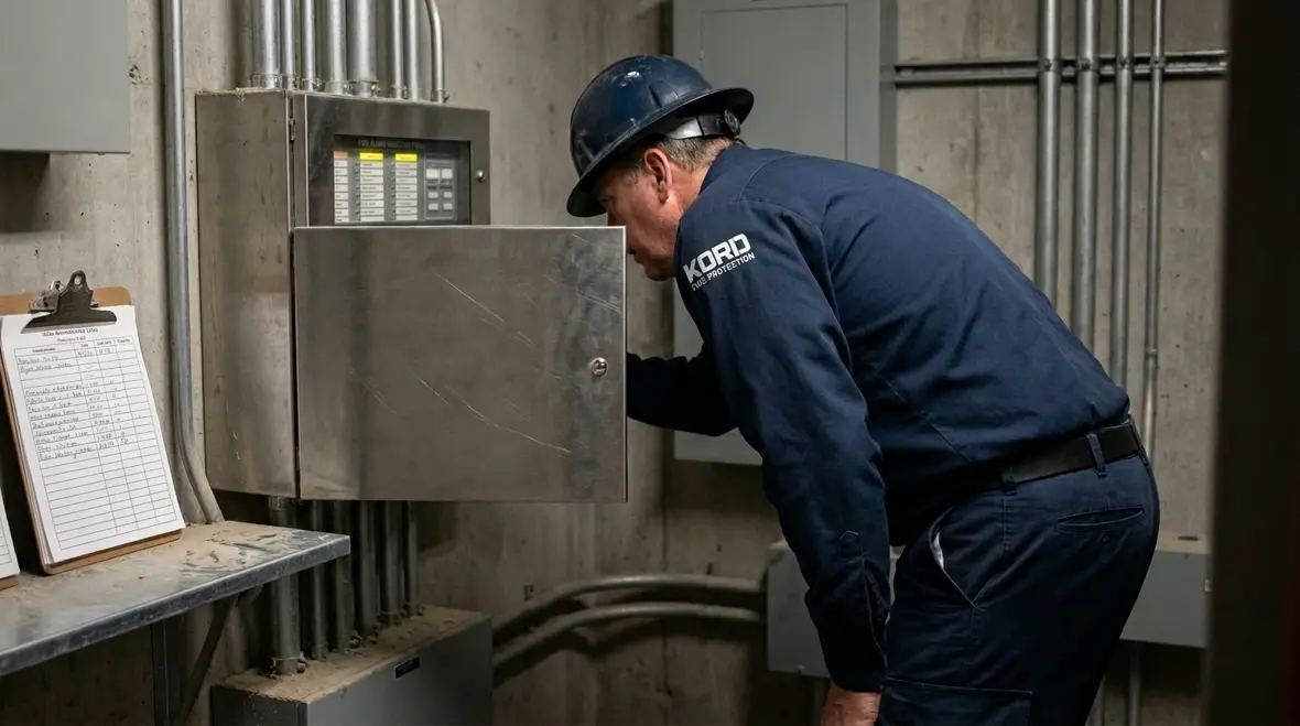 Technician reviewing fire suppression system impairment points