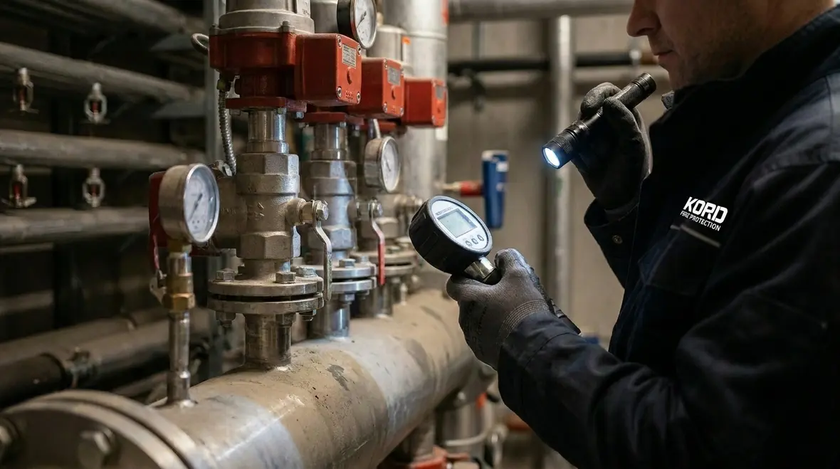 Technician checking fire suppression components for impairment signs