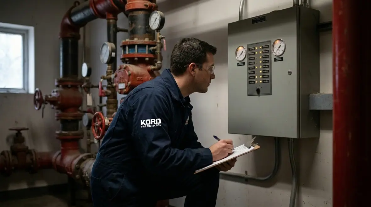 Technician reviewing fire suppression impairment conditions in a building