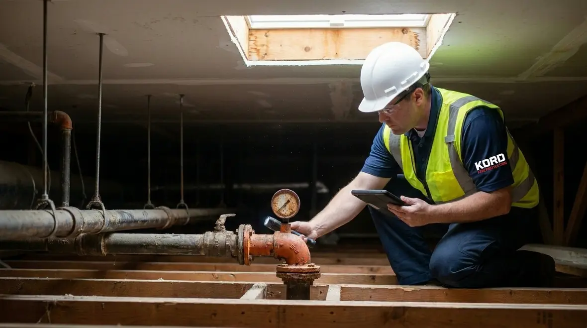 Technician reviewing fire suppression impairment inspection records