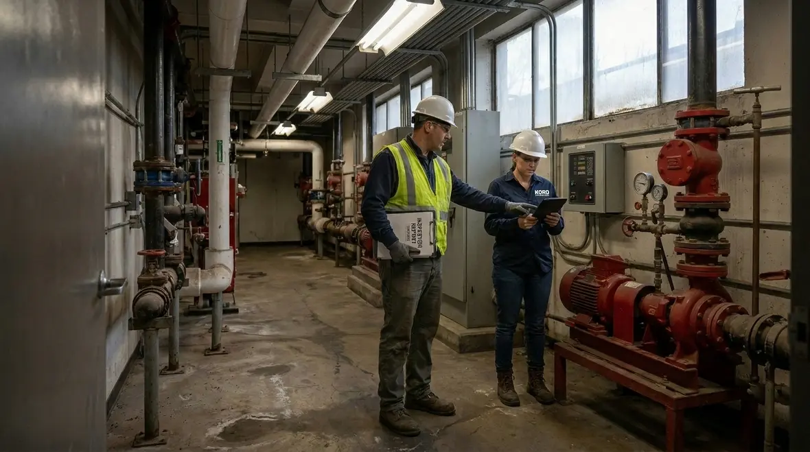 Fire protection technician restoring system readiness after impairment repair