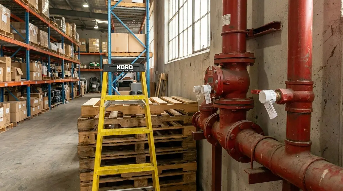 Inspection walkthrough showing fire suppression access and obstruction concerns