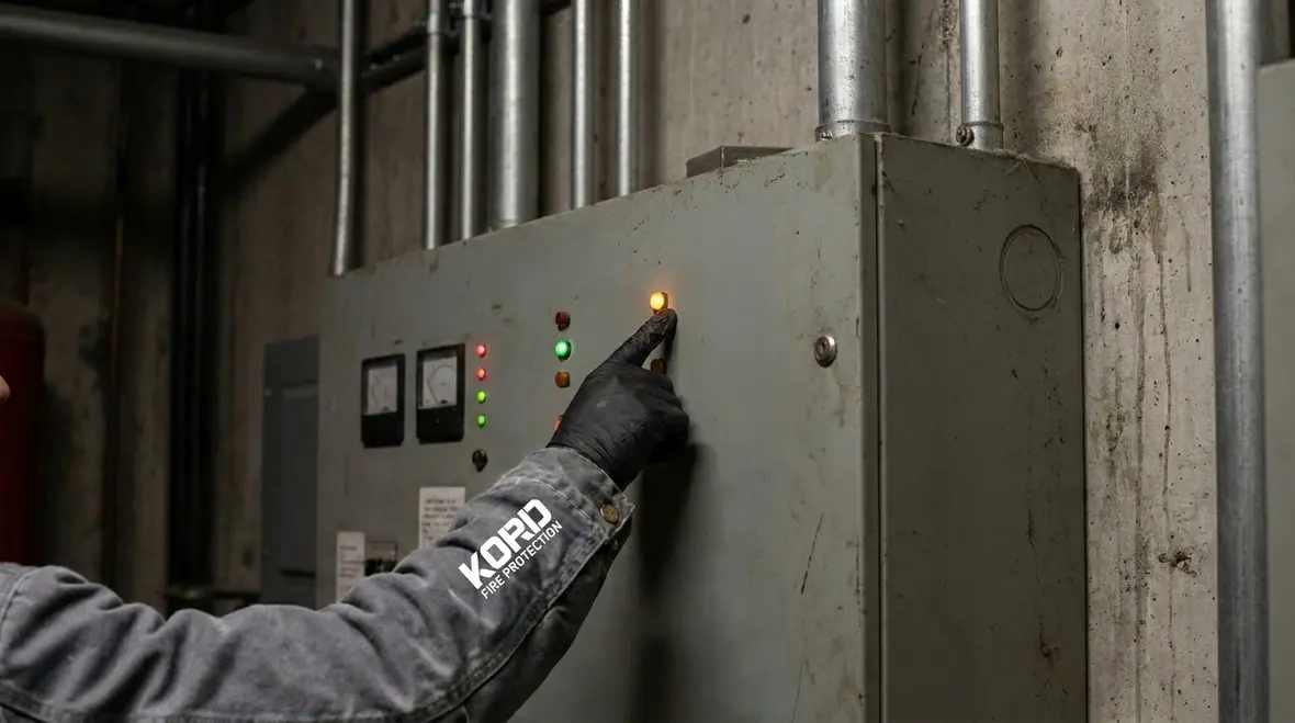 Technician checking fire suppression system components for impairment signs