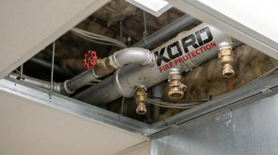 Fire suppression piping and valves in a commercial building