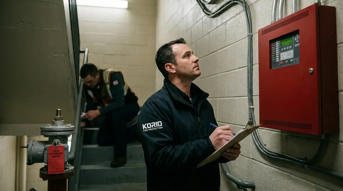 Technician reviewing fire suppression impairment indicators during inspection