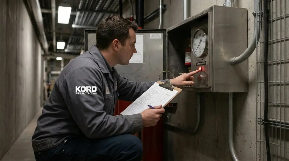 Technician inspecting fire suppression impairment conditions