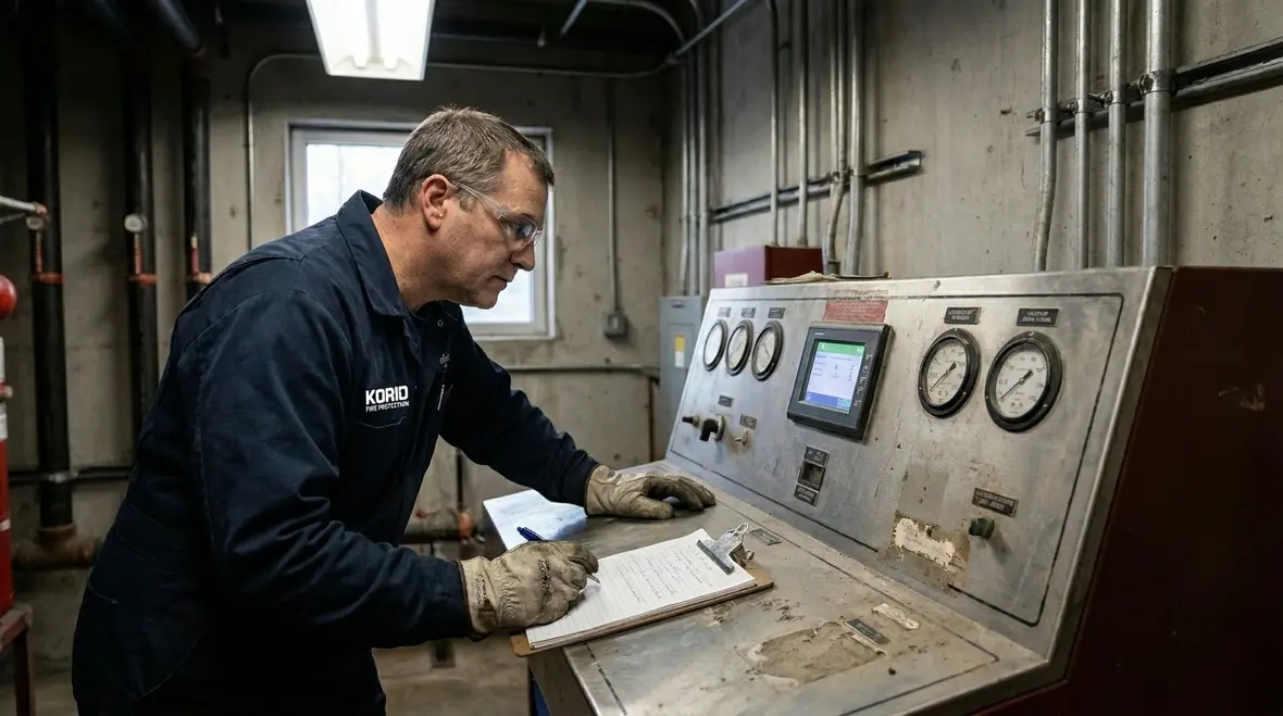 Technician reviewing fire suppression impairment details on site