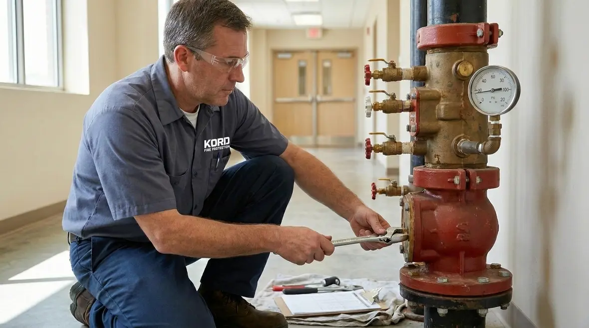 Commercial fire suppression components showing inspection and maintenance points