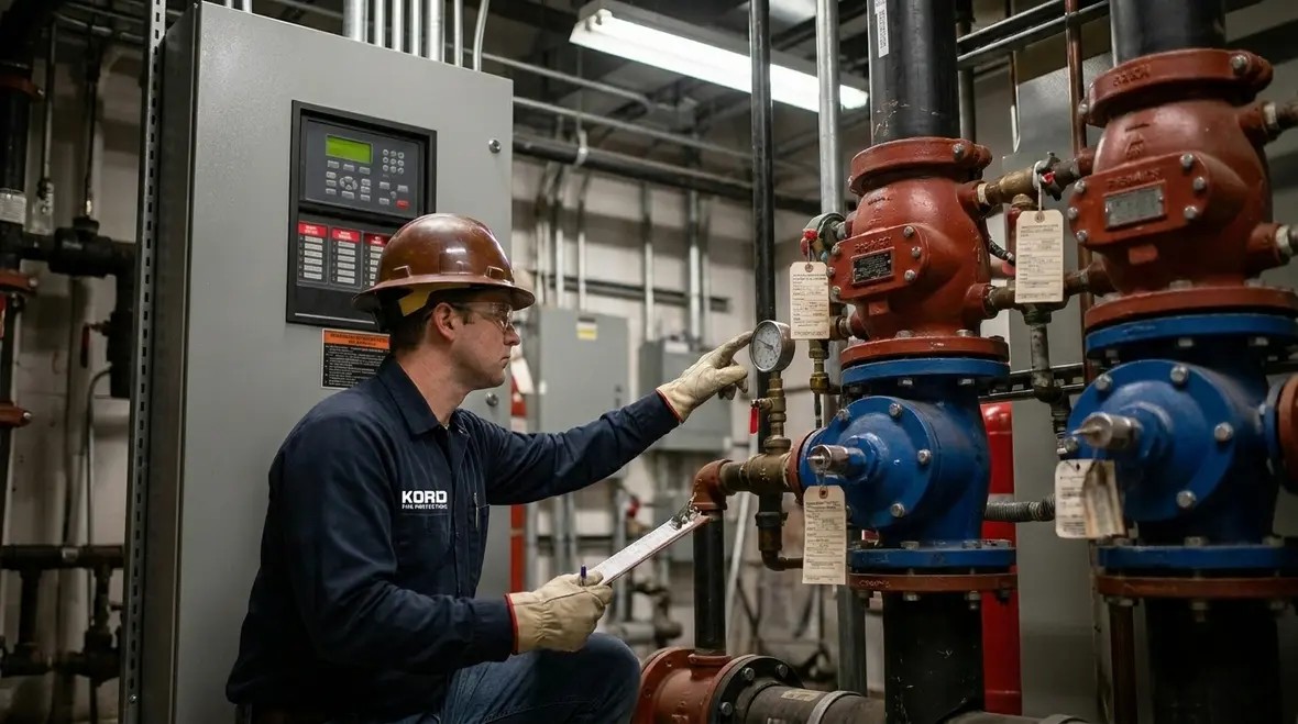 Technician reviewing fire suppression impairment conditions on site