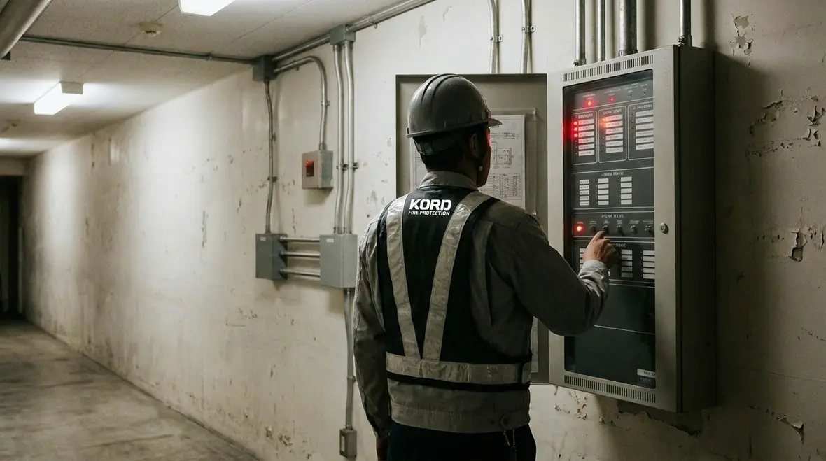 Technician inspecting fire suppression impairment components on site