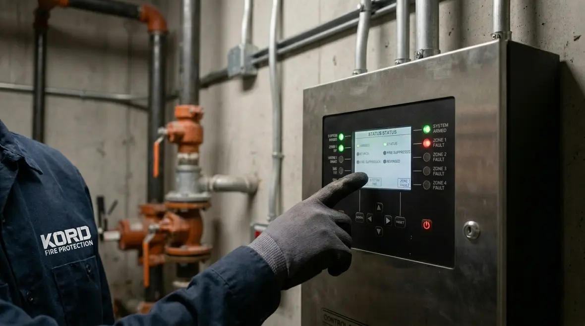Technician checking a fire suppression system for impairment signs