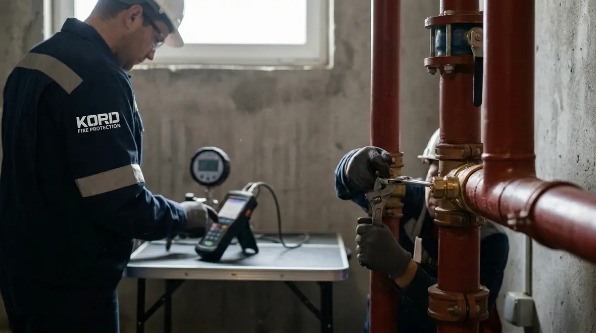Fire protection technician testing system readiness and pressure