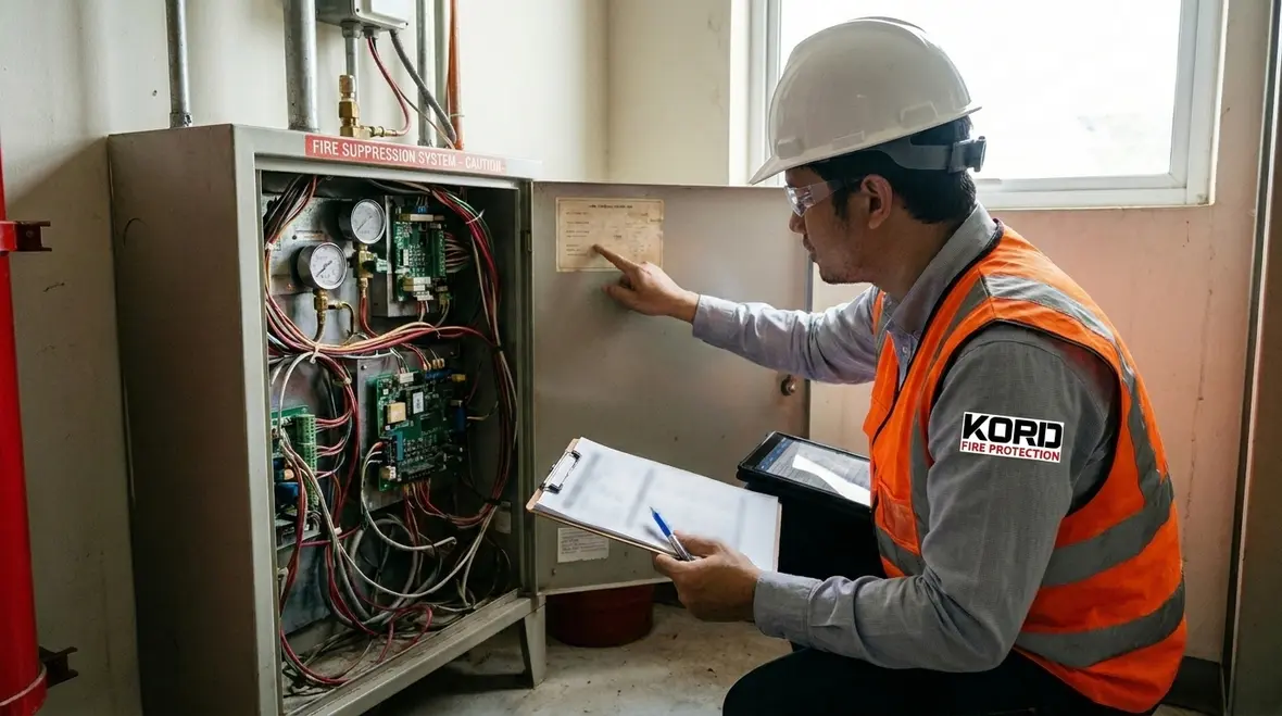 Inspection of valves, piping, and labels on a fire suppression system