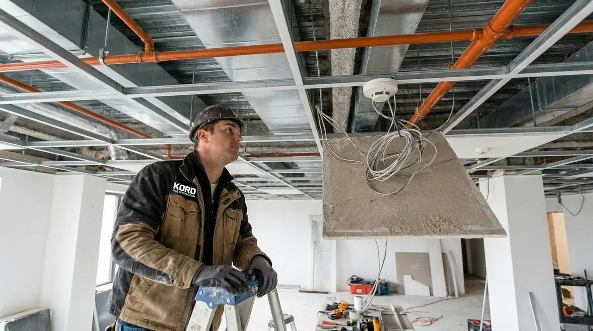 Technician reviewing fire suppression system components for impairment