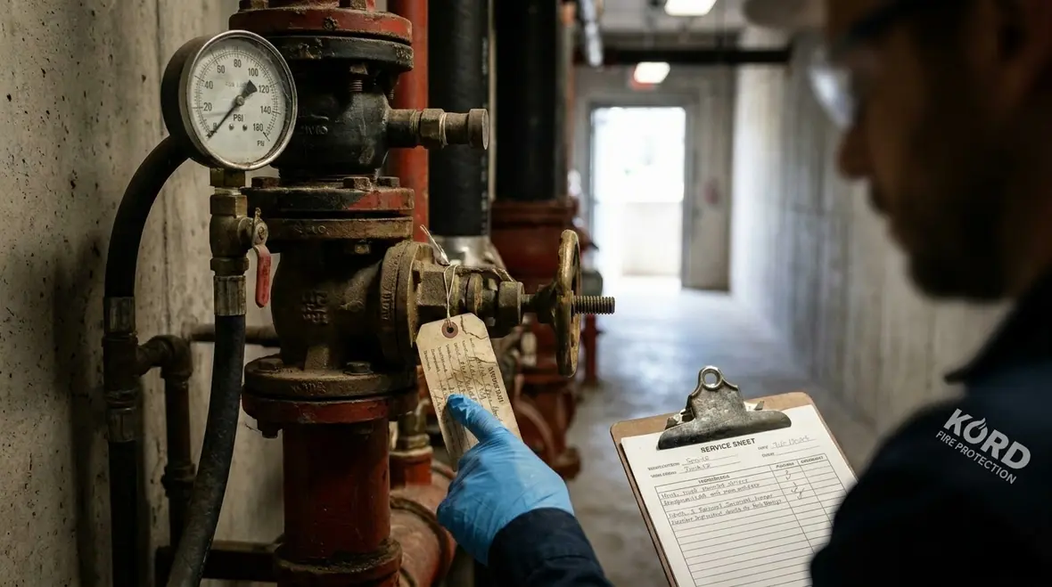 Technician checking fire suppression control valves and gauges