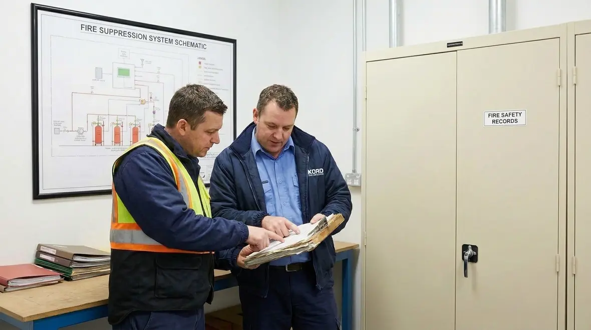 Inspection team reviewing fire suppression impairment documentation