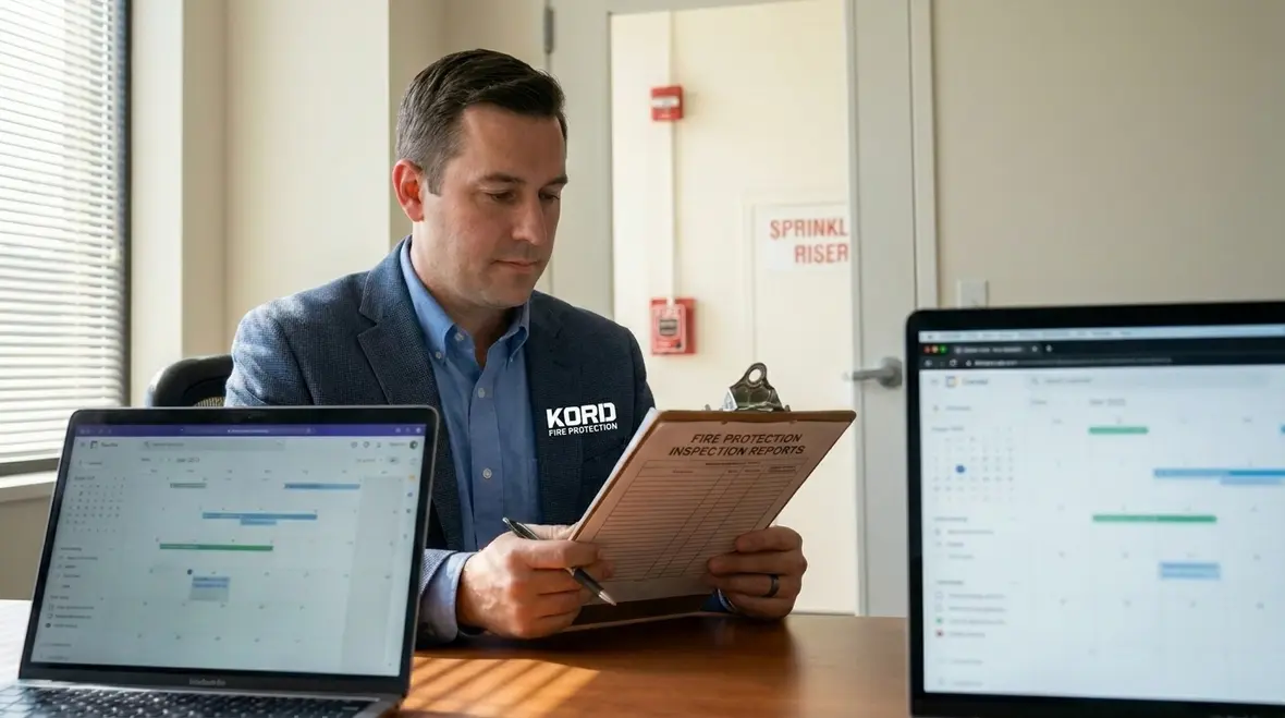 Building owner reviewing fire suppression inspection records and readiness planning