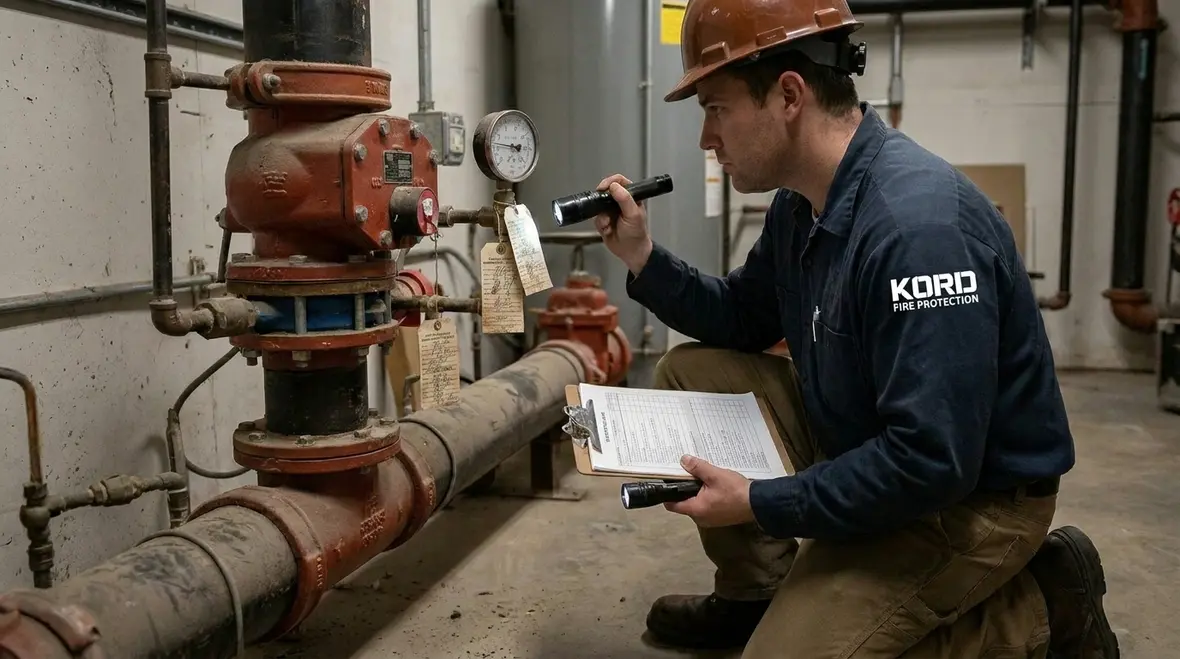 Technician reviewing fire suppression impairment conditions in a commercial building