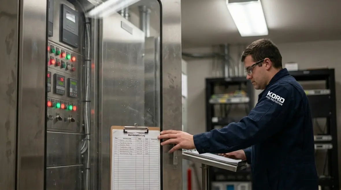 Technician reviewing fire suppression impairment warning signs