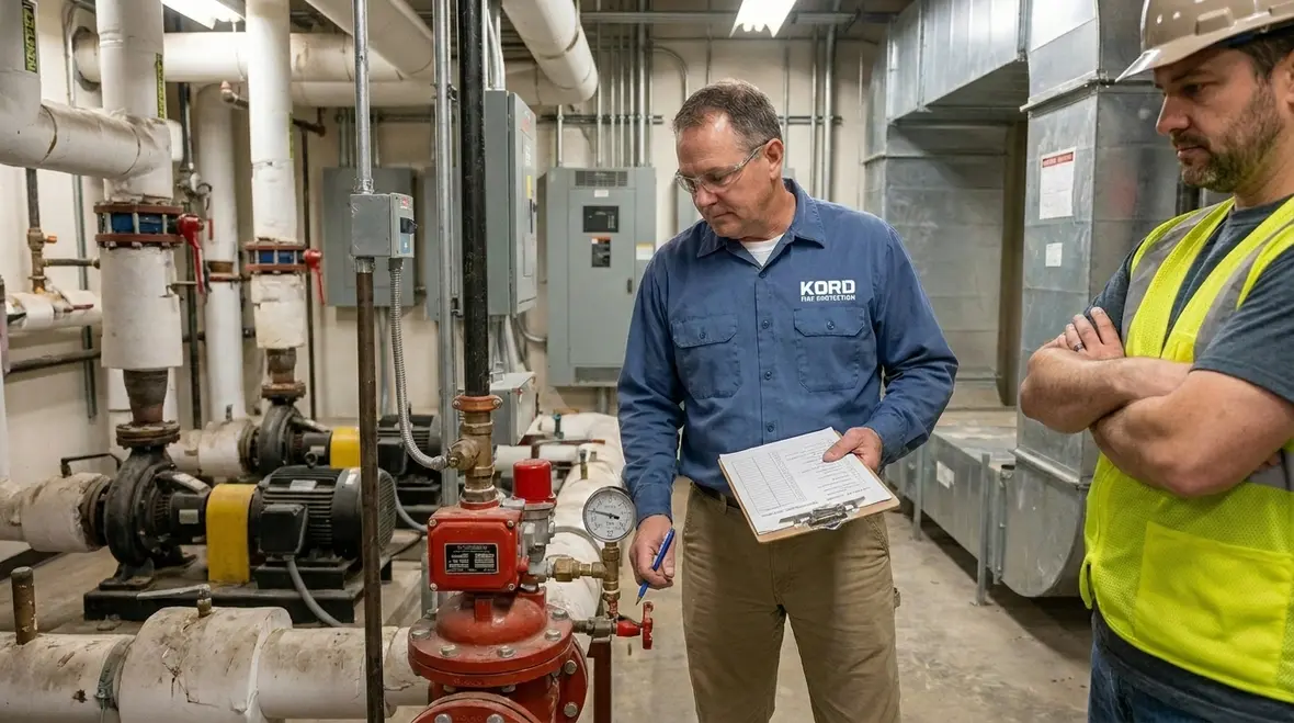 Inspector reviewing fire suppression system access and components at the start of an inspection