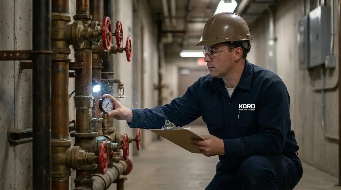 Fire suppression inspection technician checking valves and gauges in a commercial facility