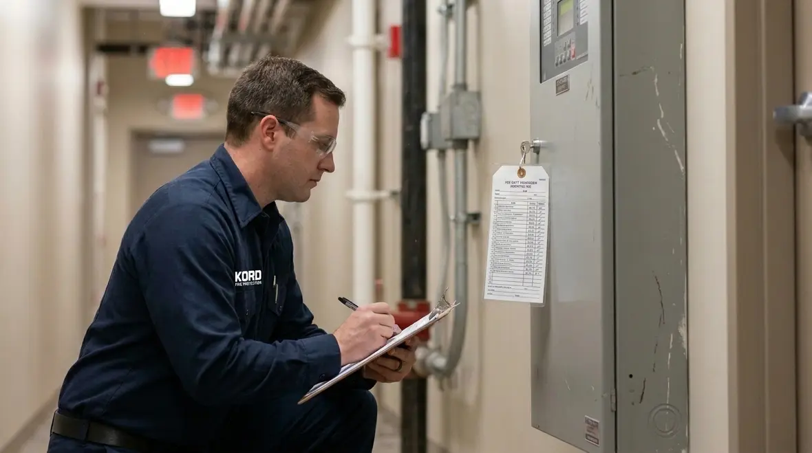 Technician reviewing a fire suppression inspection tag on equipment